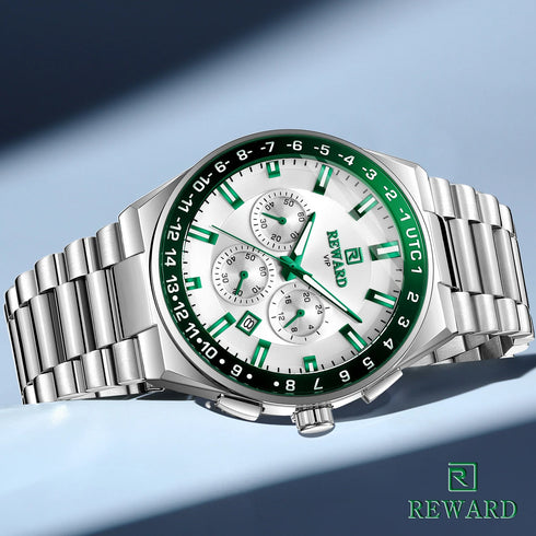 2026 REWARD Silvery White Quartz Watches for Men Luminous Hands Business Watches Stainlesss Steel Strap with Box