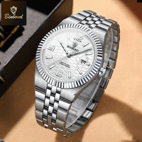 BINBOND Brand Stainless Steel Quartz Watch For Men Luxury Date Display Waterproof Luminous Fashion Men Watch Relogios Masculino