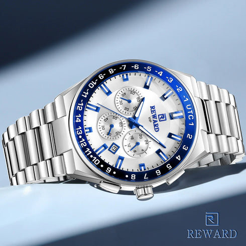 2026 REWARD Silvery White Quartz Watches for Men Luminous Hands Business Watches Stainlesss Steel Strap with Box