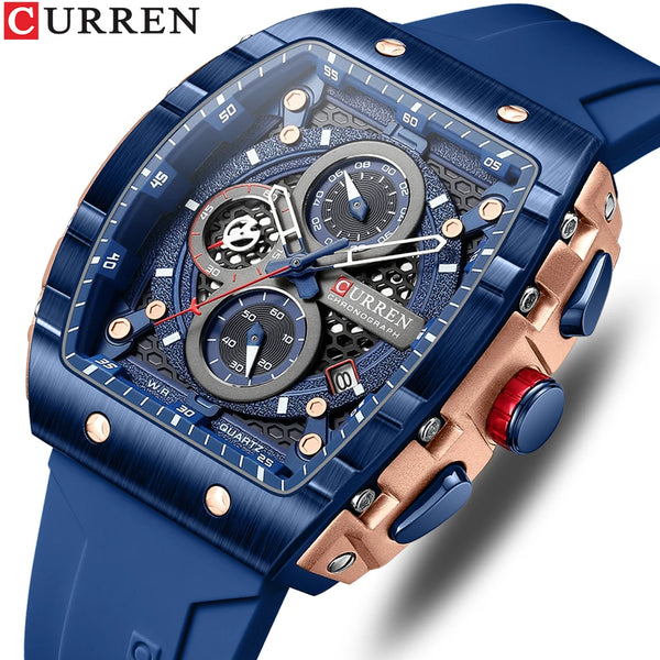 CURREN Luxury Men Watch with Chronograph Quartz Movement Auto Date Sport Casual Wristwatch Silicone Strap Reloj Hombre