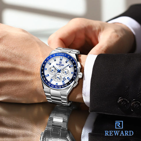 2026 REWARD Silvery White Quartz Watches for Men Luminous Hands Business Watches Stainlesss Steel Strap with Box