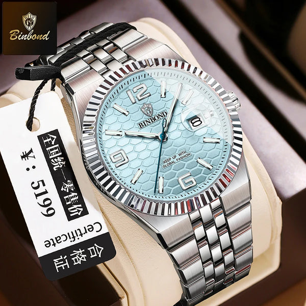 BINBOND Brand Stainless Steel Quartz Watch For Men Luxury Date Display Waterproof Luminous Fashion Men Watch Relogios Masculino