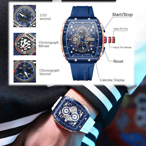 CURREN Luxury Men Watch with Chronograph Quartz Movement Auto Date Sport Casual Wristwatch Silicone Strap Reloj Hombre