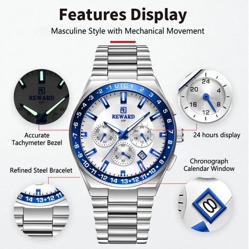 2026 REWARD Silvery White Quartz Watches for Men Luminous Hands Business Watches Stainlesss Steel Strap with Box