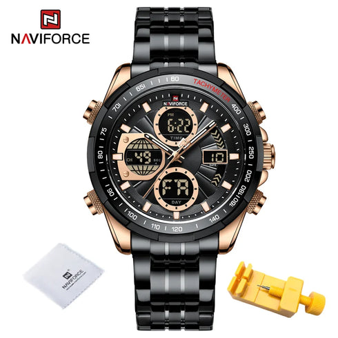 NAVIFORCE Casual Sport Mens Wrist Watches Stainless Steel Waterproof Luminous Dual Display Quartz Clock Watch Male Reloj Hombre