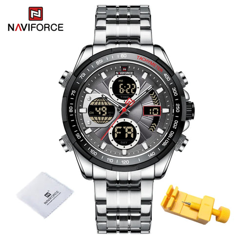 NAVIFORCE Casual Sport Mens Wrist Watches Stainless Steel Waterproof Luminous Dual Display Quartz Clock Watch Male Reloj Hombre